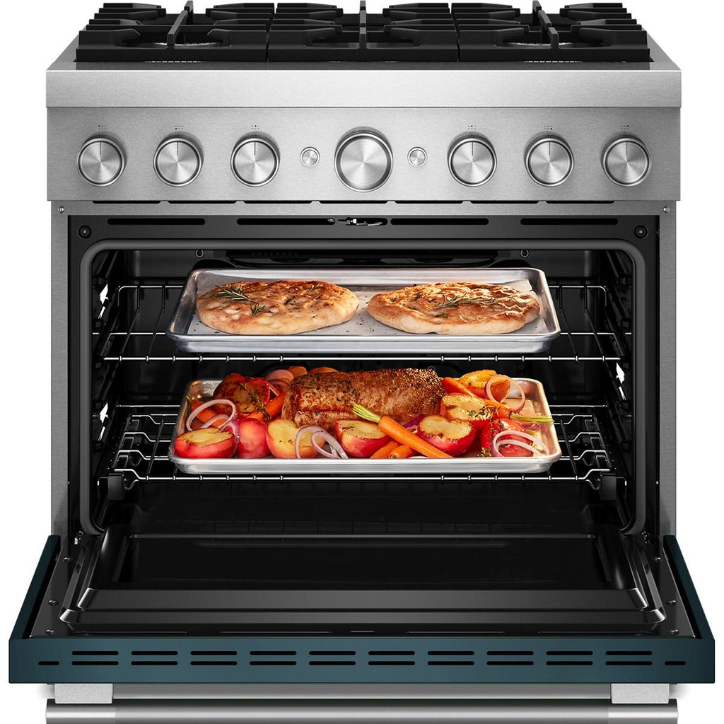  KitchenAid 36-inch, 5.1 cu. ft. Freestanding Commercial-Style Dual-Fuel Range with Even-Heat™ True Convection KFDS936SAG IMAGE 2